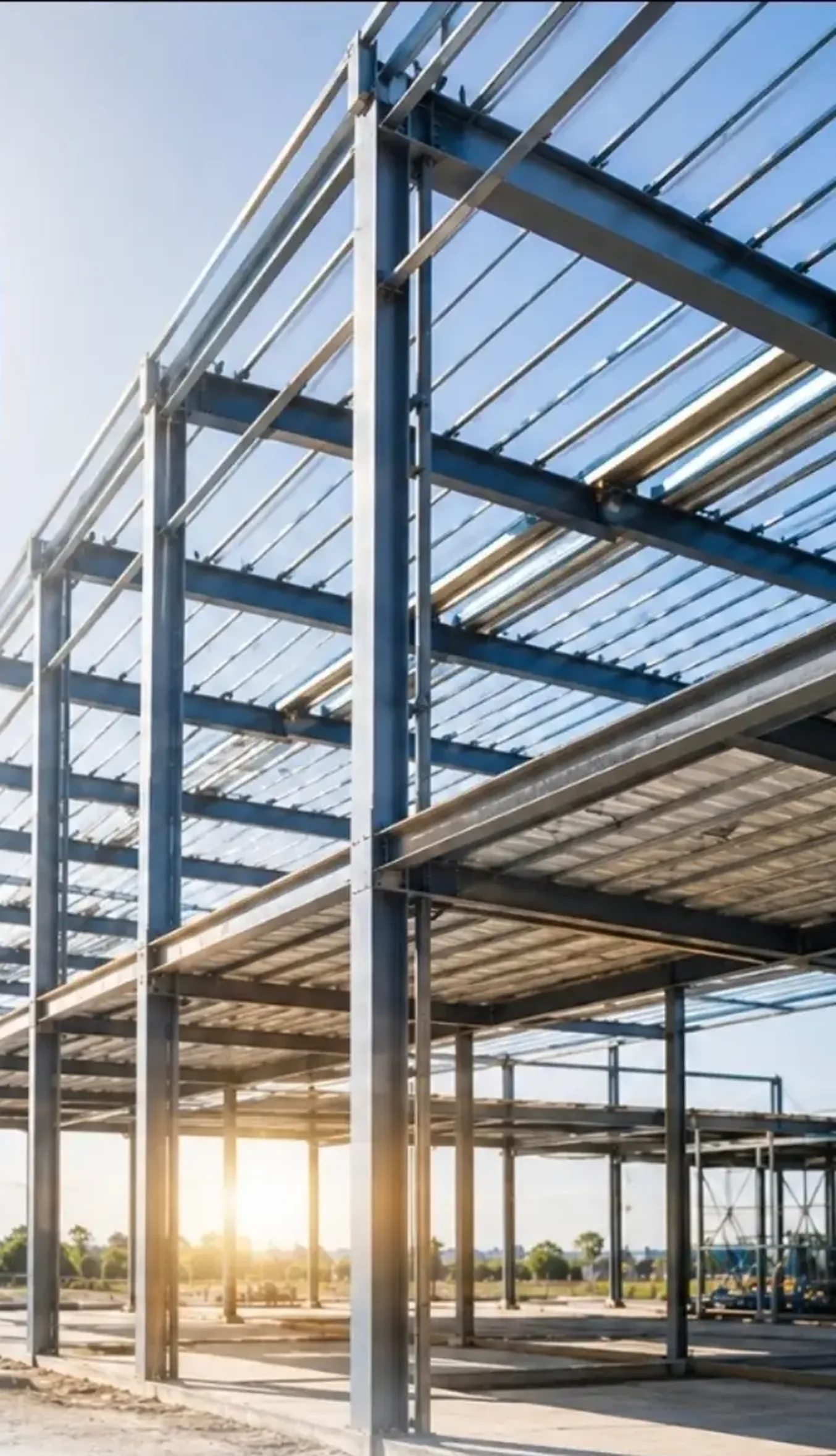 Galpão industrial em estrutura metálica com dois pavimentos, iluminado pelo sol baixo